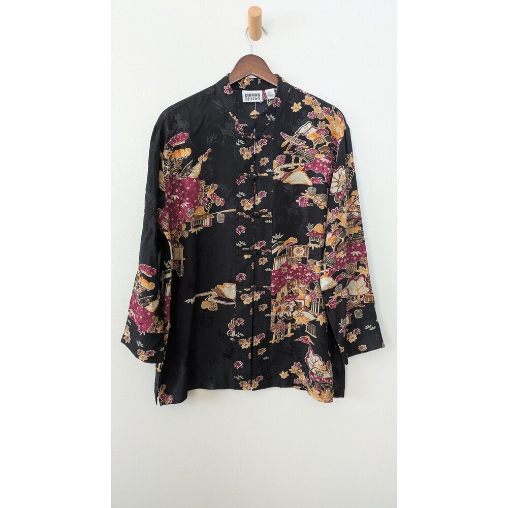 Chicos Silk Tunic Asian Print Frog Closure Mandarin Collar 90s Y2K Sz 1 / M NWT